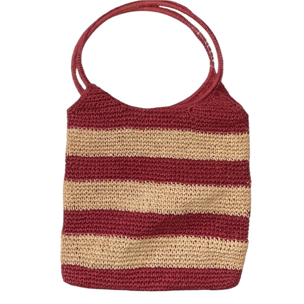 Dark Red and Tan Striped Tote Bag made from paper